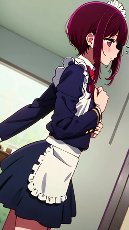 ochaco_uraraka, 1girl, solo, pink skirt suit, necktie, blush_stickers, pink pencil skirt, open_mouth, looking_at_viewer, smile, pink blazer, :d, long_sleeves, teeth, shirt, white_shirt, blush, cowboy_shot, standing, indoors, office, full_body, high_heels