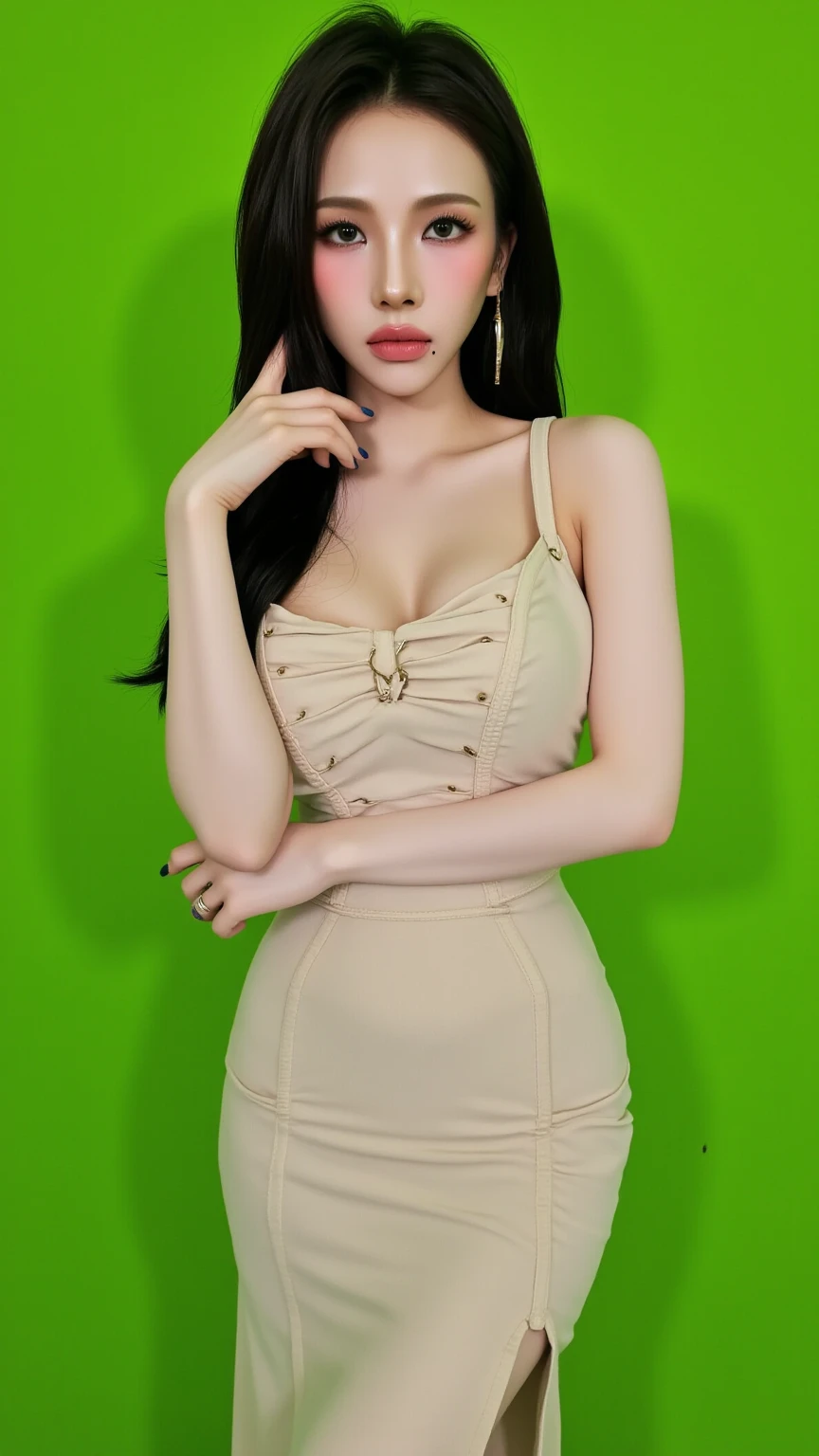 tmasterpiece,, Best quality at best, A high resolution, 1girll, Leah Halton, Blue hair, eBlue eyes, pony tails, green shorts, cleavage,hason, Crop top, Black gloves, nedium breasts, army suit, Green jacket, 耳Nipple Ring, jewelry, nabel, musculature, cow boy shot,