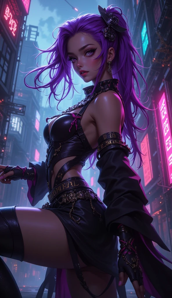 safe_pos, (score_9, score_8_up, score_7_up), 1girl, psgsyndra as a gyaru, long hair, long sidebangs, multicolored hair(black and aqua), glowing purple eyes, detailed face, perfect eyes, colorful nails, black short mini-skirt, aqua leg warmers, black platform boots, colorful earrings, aqua top, strap top, purple scrunchie on arm, shinny skin, sexy, seductive face, ((curious)), seductive, ((playful)), squatting, perfect hands, curvy, big ass, normal breasts, cowboy shot, closeup, detailed backround, city street, night, volumetric light, vibrant, face focus, unique angle, looking down at viewer