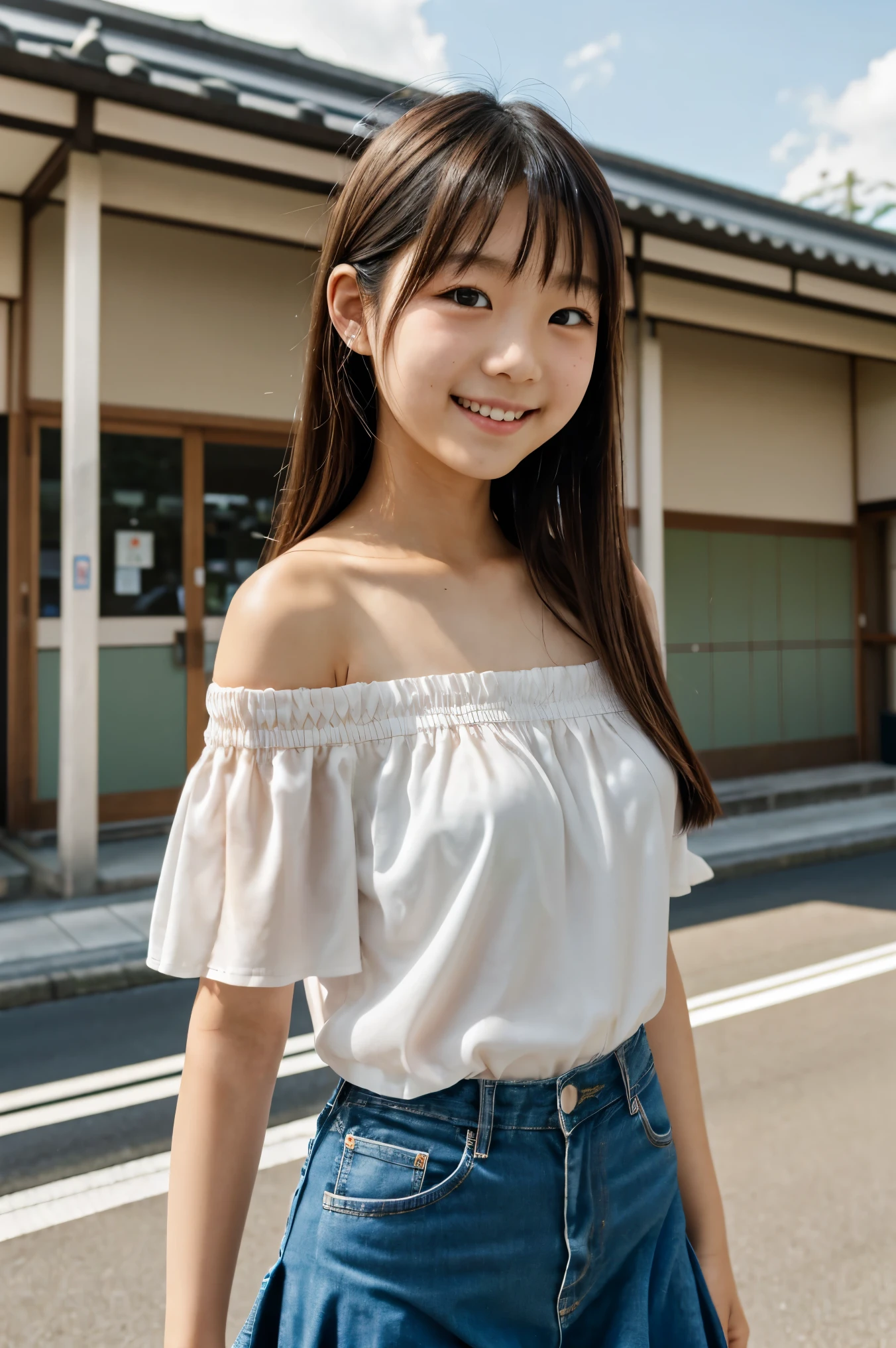 Japanese girl　elementary school student　smile　 see-through off-shoulder that sticks your whole body forward　Around town