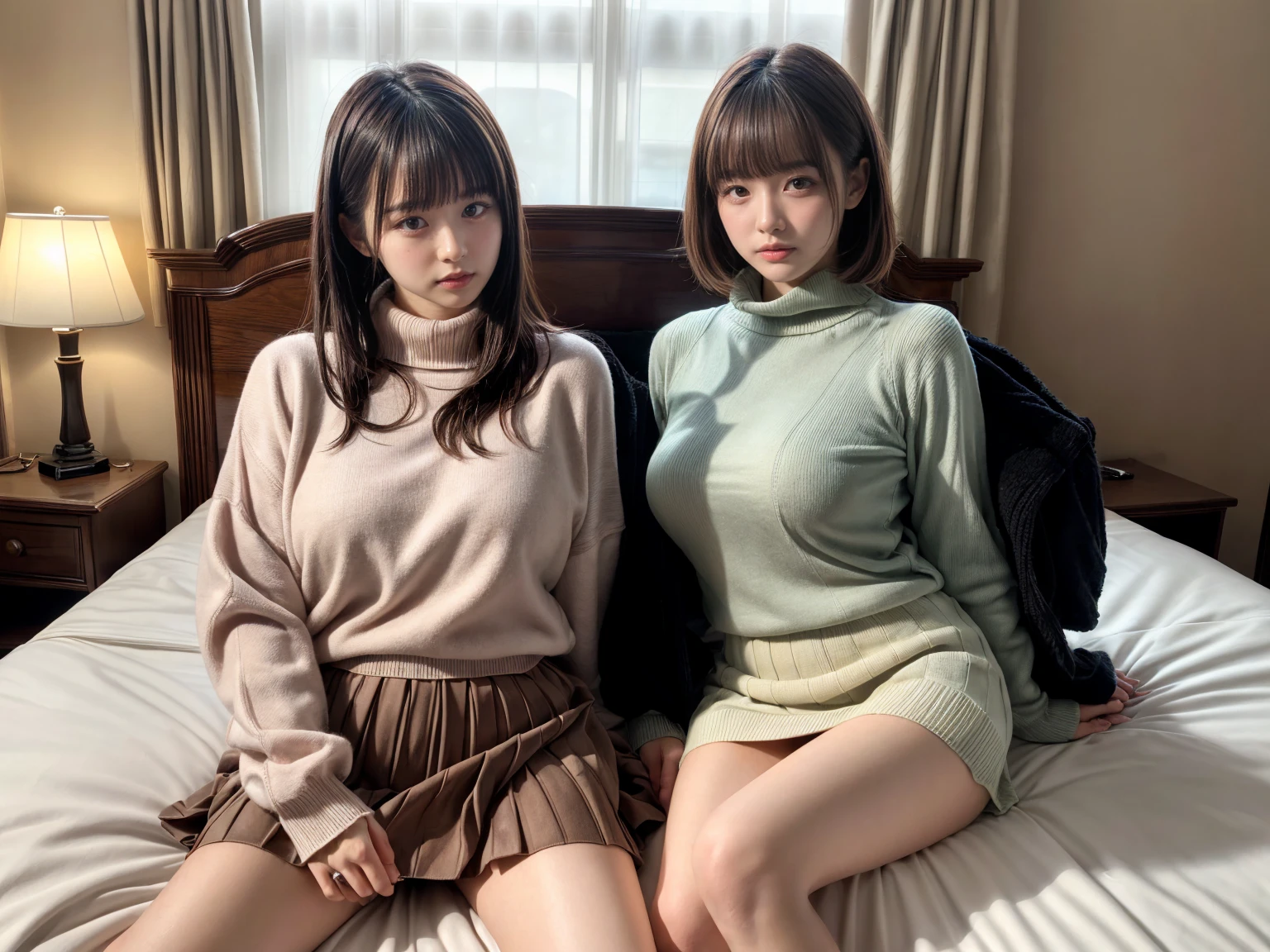 Indonesian girl 17-year-old  Hairstyle Casual, F Cup Breasts  wearing  crewneck dress  and selfie with her friend at class 