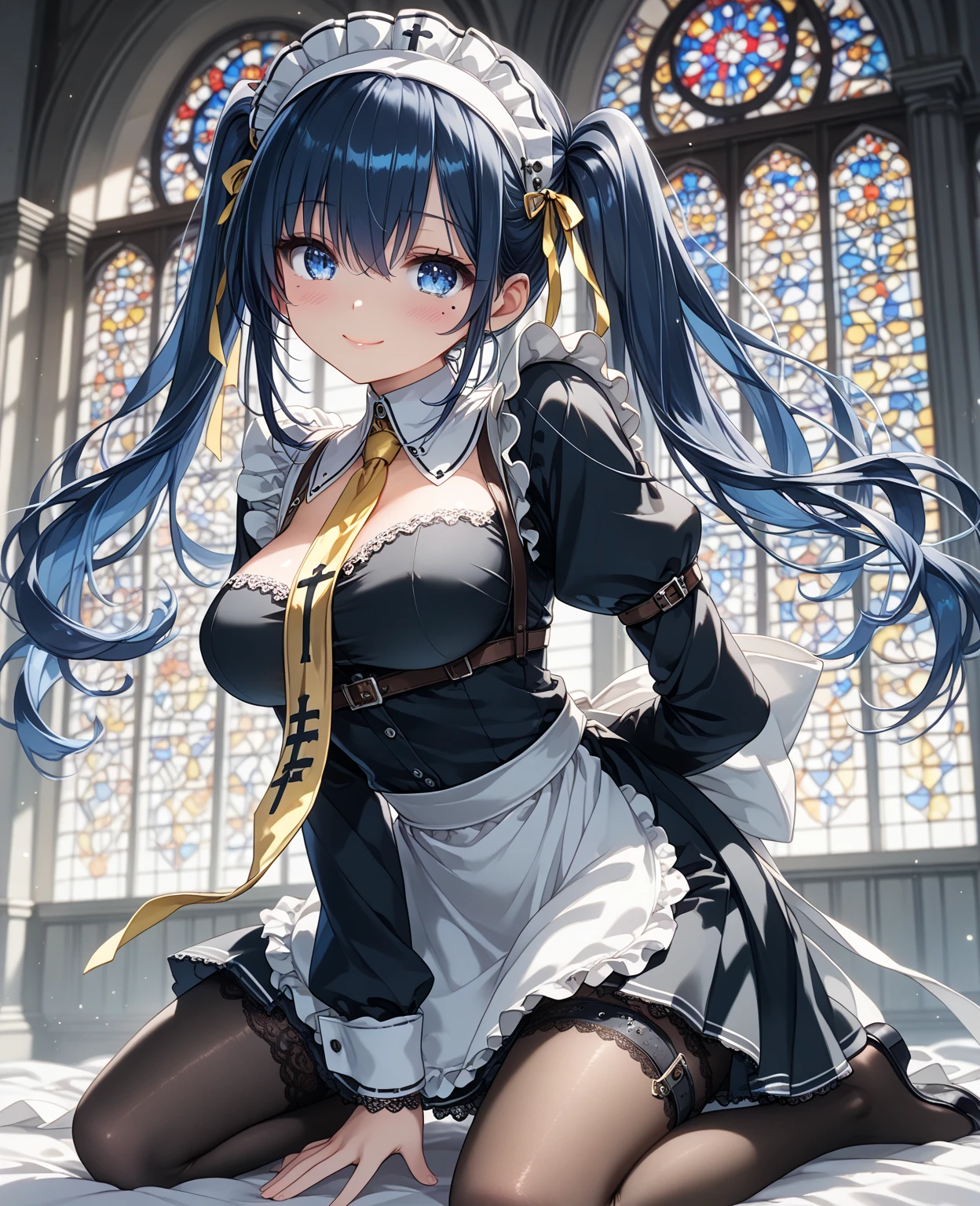 (close shot, best quality:1.5, highres, UHD, 4K, detailed lighting, shaders), blue wavy hair, large breasts,multicolor maid cafe clothes, (pov), smiling, standing, white background