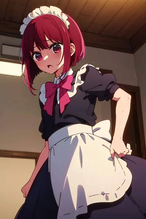 Best Quality, (((Ultra Details))) , (masutepiece), Anime girl wearing a short skirt and white apron standing in the hallway, anime girl in a maid costume, anime cat girl in a maid costume, sh, Usami_masamune, official maid outfit、Anime visuals of cute girls, maid outfit, light pink knee socks, maid, Green eyes, blush, Twin-tailed, (garter strap), (Striped panties), there is a close up of a female's butt in panties on this computer screen 1 girl, underwear, panties, ass, solo, ass focus, close-up), (Zettai Ryoki Thigh),