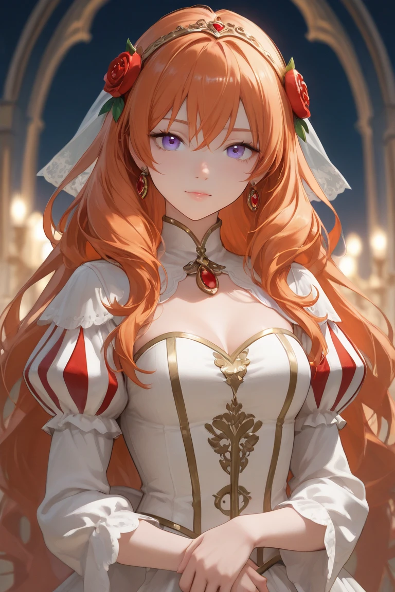 red middle length hair beautiful woman with green eyes in fine clothes