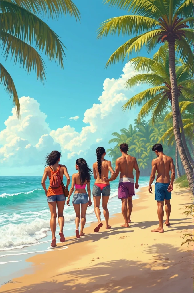 80's Illustration summer island Sandy Beach Two men and two women Rear view only