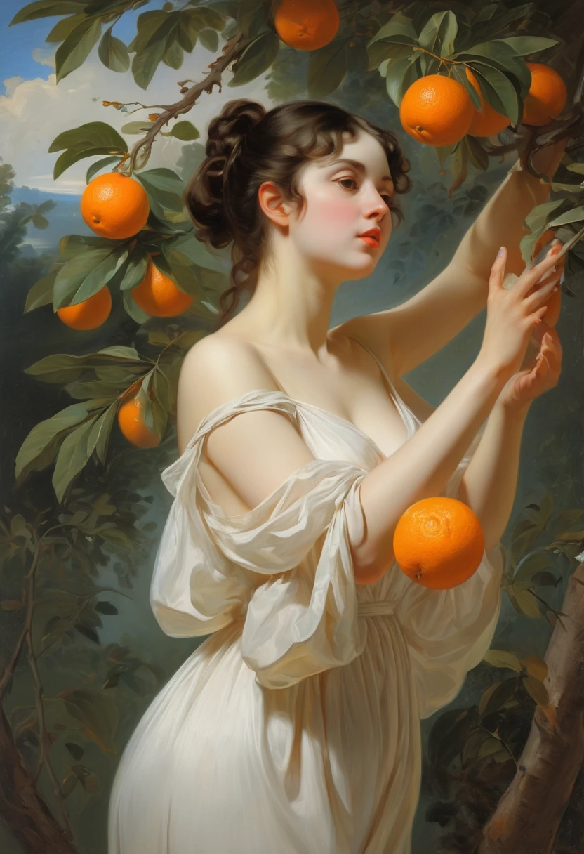 a naked woman, full body, sharing fruit, inspired by Bouguereau and Rembrandt