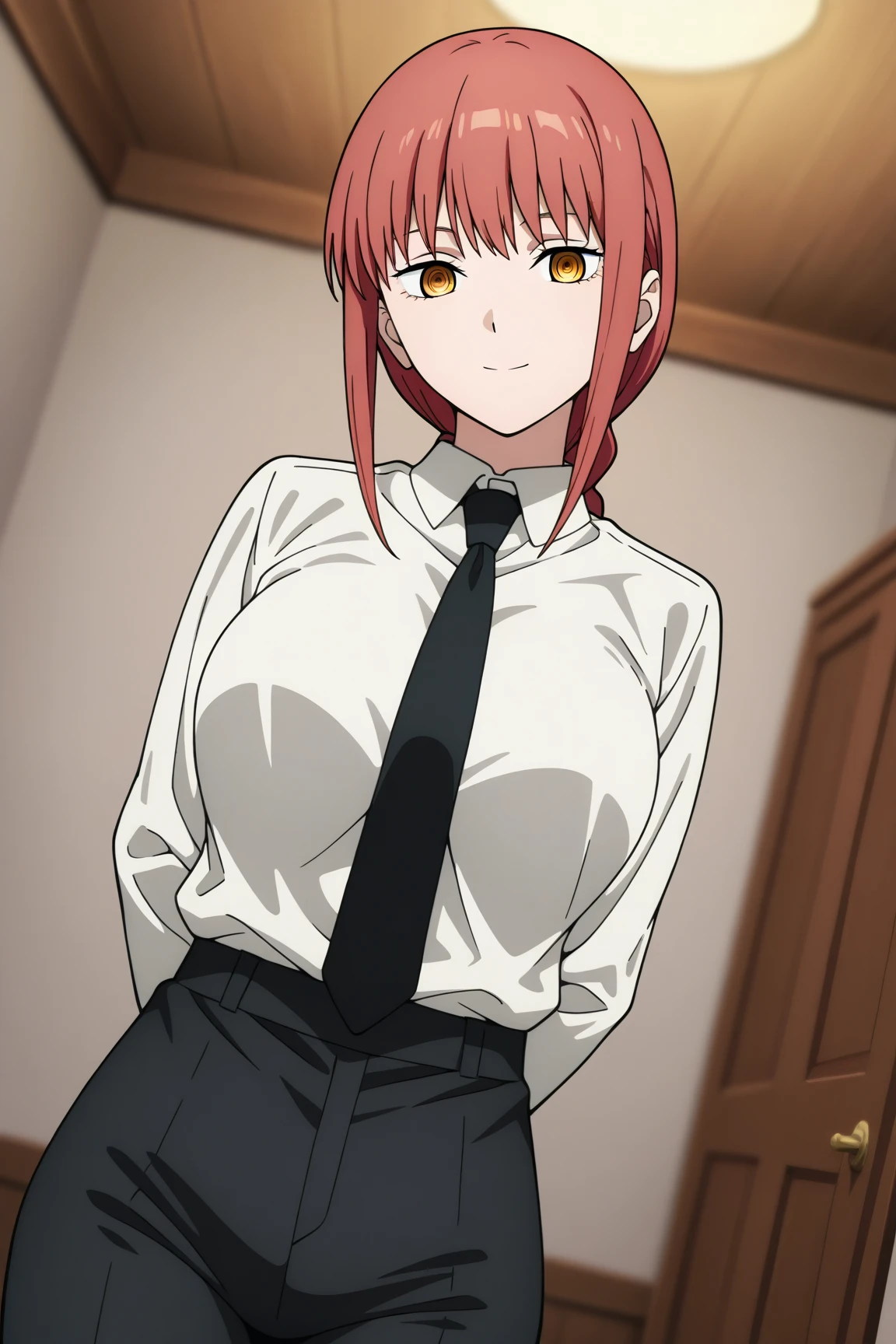 EFT_Makima, povbreastgrab, pov hand, breast grab, from below, front view, naugthy smile, looking at viewer, ringed eyes, black necktie, shirt, yellow eyes, braid, red hair, collared shirt, white shirt, braided ponytail, bangs, sidelocks