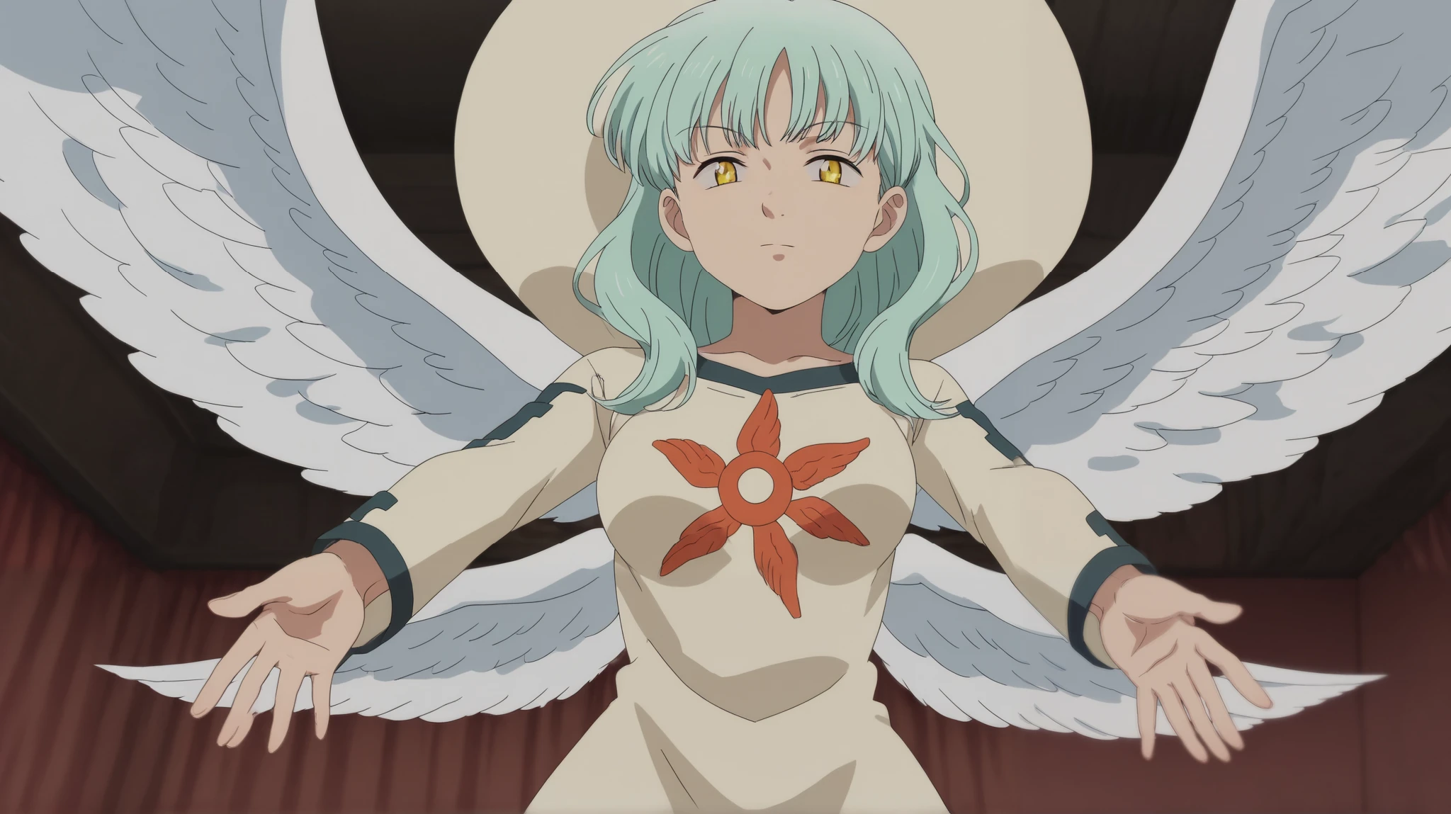(anime coloring, anime screencap, ghibli, mappa, anime style), 1girl, hatsune miku, white gown, angel, angel wings, golden halo, dark background, upper body, (closed mouth:1.2), looking at viewer, arms behind back, blue theme, stars, starry night