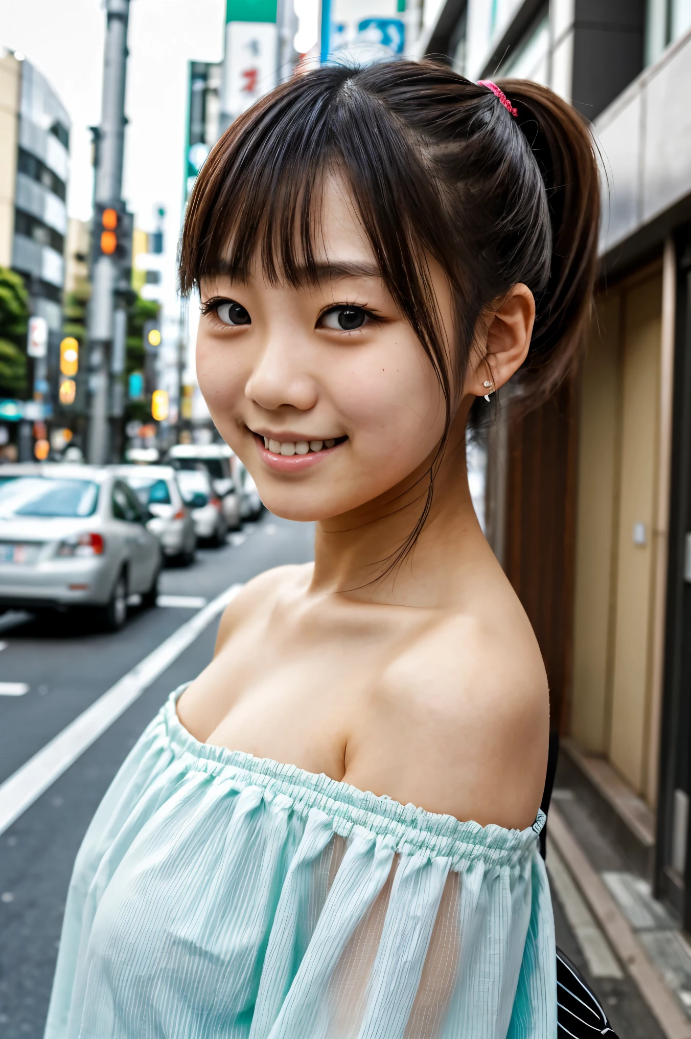 ((Best-quality, Masterpiece, Ultra-High-Resolution, (Photorealistic:1.4), Raw Photo, depth of field, professional lighting, perfect anatomy, extremely details, perfect face, perfect body, perfect hair, perfect hands, perfect fingers)), 1girl, 12-years-old, the most famous Japanese idol, smoking at Hiroshima's main street, (wearing summer dress with cute-design), (extremely cute face like the most popular Japanese idol, ((extremely cute and extremely big eyes)), extremely cute hair, extremely beautiful skins, extremely cute long-eyelashes, extremely cute lips), looking at viewer, innocent smile, cute pose, detailed Hiroshima's-main-street