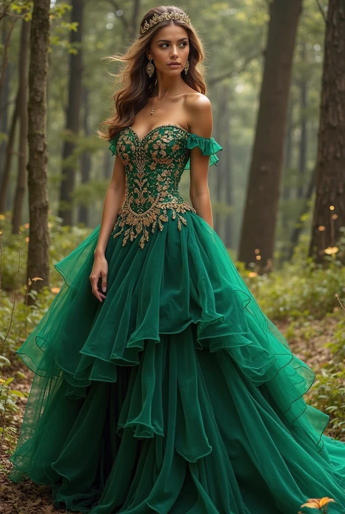 Flora's modern prom dress should reflect her connection with nature, particularly the power of the forest and earth, while incorporating a contemporary and unique design. Here's an overview of a dress that suits Flora:
- **The color of the dress**: Flora's dress will be emerald green, gold, or bronze, colors that evoke nature and elegance. The use of ombre shades from dark to light green can add dimension and sophistication.
- **The design of the dress**: A long dress designed with a natural feel but infused with modernism. The dress may be adorned with meticulously designed leaf or floral patterns. The bodice could be off-the-shoulder or a deep V-neckline, adding a touch of sexiness and confidence. The skirt may be layered or an A-line silhouette that flows and looks graceful.
- **Special details**: The dress might incorporate embroidery that depicts flowers or vines with gold or silver thread, adding luxury and mystery. The fabric will play with light, using shimmering fabrics or embellishing with small crystals to enhance the brilliance at prom.
- **Jewelry and shoes**: Flora can choose accessories that reflect nature, such as earrings or necklaces with flower or leaf designs, but with a modern, sleek aesthetic. Gold or bronze high heels will enhance a luxurious and modern look.
This dress will make Flora stand out at prom with its modern and elegant design, while reflecting her connection with nature harmoniously. It will make her look elegant and stunning from every angle..