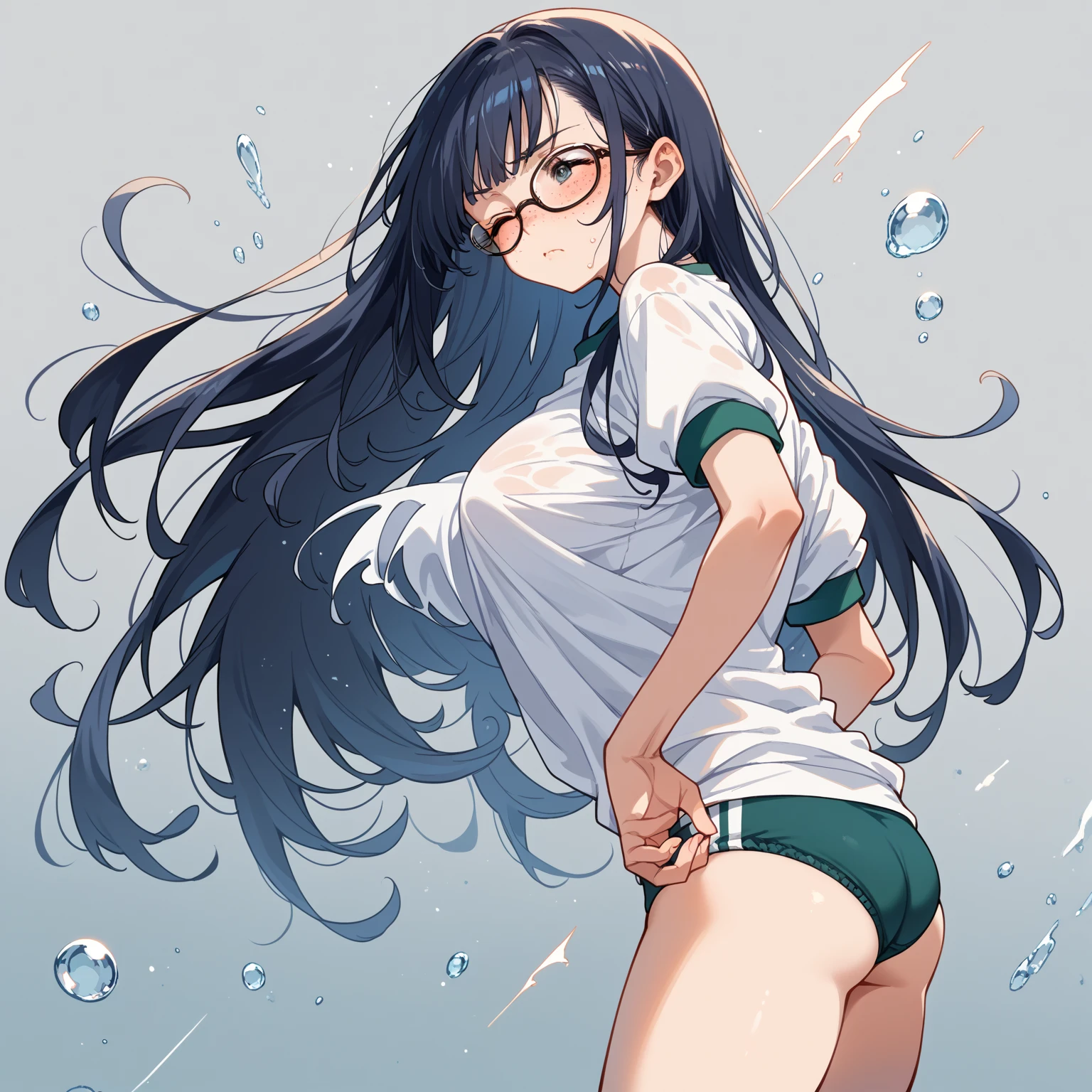 sticking to the shirt、Her breasts are visible through her blue and white striped shirt、Blue flared skirt、She lifts her skirt to reveal her cute white lace underwear、Girl with long black hair and glasses、whole body、Sandy beach and blue sky、Your underwear is wet with urine