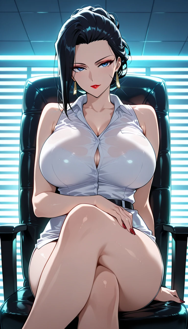 (masterpiece, best quality), a young black haired girl office secretary dressed black office skirt and black pantyhose ,sitting in an office chair, holding pencil, (detailed skin:1.3),(detailed eyes), (sharp focus), 