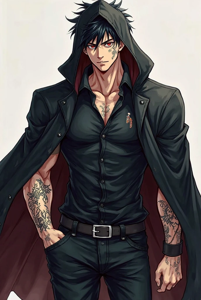 Tall, tan, shredded, male, black coat exposing chest and tattoos, black jeans, very handsome, light stubble, blonde hair put in manbun, black steel tipped boots, alone, in a forest, early 30's.