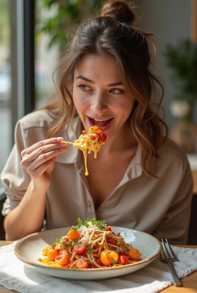 Draw a picture of a happy woman eating a lot. hyper realistic