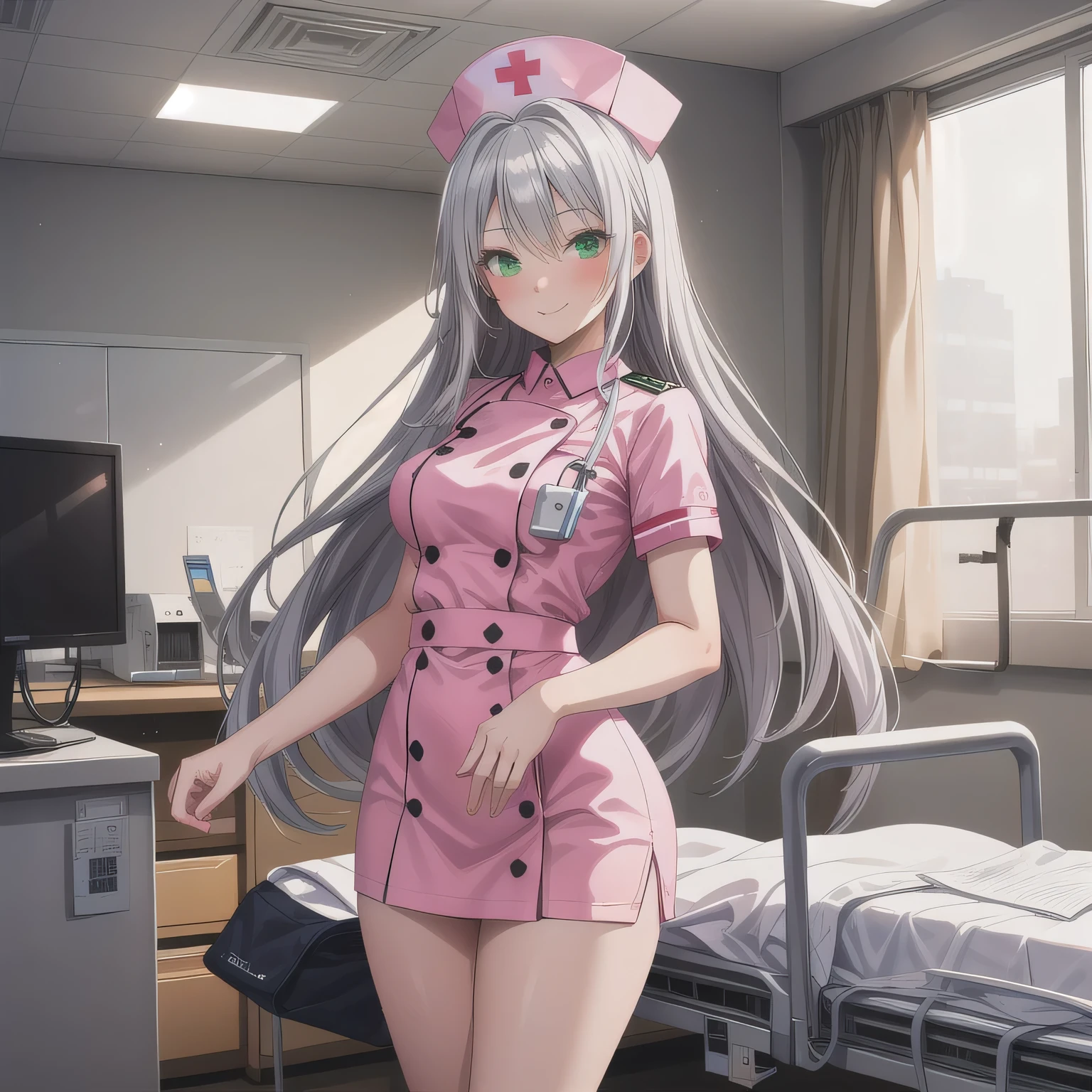 A breathtakingly beautiful 20-year-old woman stands in a warmly lit hospital room, dressed in a white mini-skirt nurse uniform with a matching cap. Her shy smile adds a touch of charm, while the surrounding medical equipment and furnishings create an authentic yet welcoming atmosphere. Silver hair, long hair, green eyes.