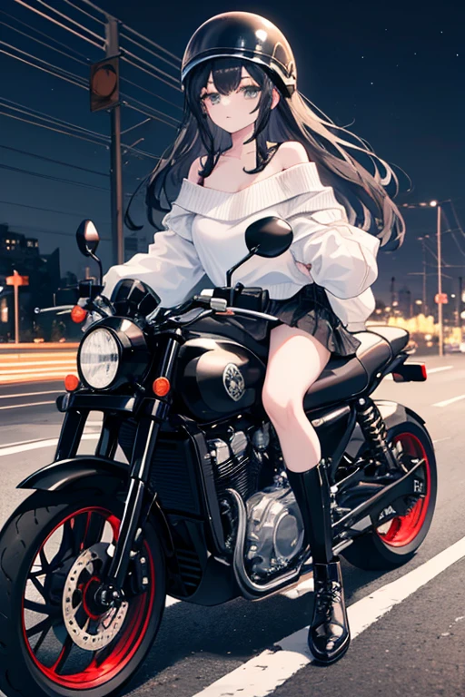 Precise body and machine、The ultra -The high-definition、Detailed writing、watercolor paiting、Correct drawing、Pale shades、Cool motorcycle、Driving a motorcycle through a beautiful city while feeling the wind、(Expressing joy with the whole body:1.5)、Black hair Long hair、A little quirky hair、Very cute woman、emotional、Halation、(Bokeh:1.5)、tshirts、JINS、(Motion Blur:1.4)、(Motion Effect:1.5)