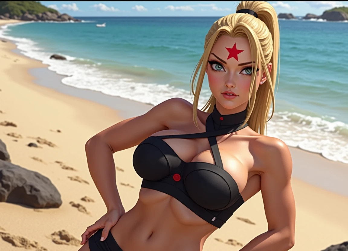 painting of a woman in a bikini sitting on the beach, garota saiyajin, female Goku, Goku humano fotorrealista, Super Saiyajin, estilo anime 3d, estilo de arte de dragon ball, anime altamente detalhado, Admirador de arte, High detail iconic character, 3d anime poster, anime 3 d art, foto aproximada, retrato altamente detalhado de goku, estilo anime 3 d realista