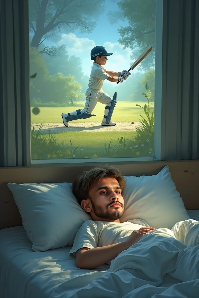 Creat a pic of a boy sleeping in bed with closed eyes seeing himself playing cricket in dream, the image of playing boy should be above the boy sleeping in dreaming frame