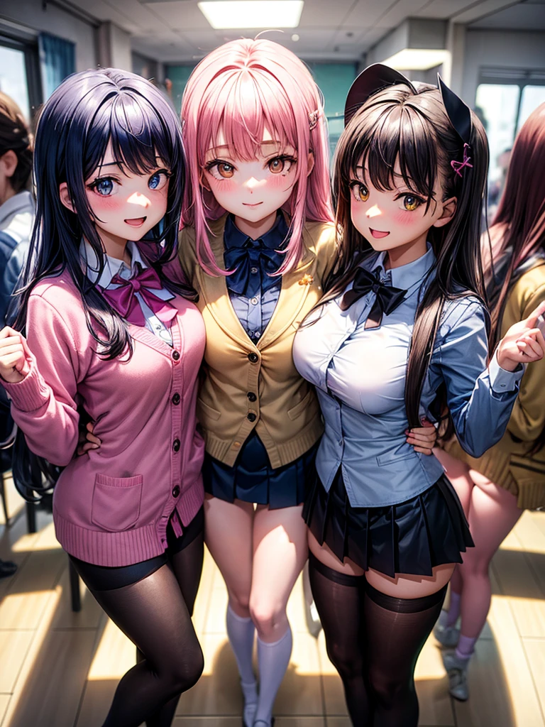 (((masterpiece, highest quality, High resolution, 超High resolution, Perfect Pixel, Depth of written boundary, 4K, RTTX 10.0, High resolution))), Beautiful Anime Woman, Beautiful art style, Anime characters, ((Long Hair, bangs, Dark brown hair, Various hairstyles, Twin tails, ponytail)), ((Beautiful eyelashes)), ((Detailed face, blushする:1.2)), ((Smooth texture, Realistic texture, Anime CG Style)), Perfect body, (Slender body:1.2), Exact finger count、Exact number of legs、(Exact number of arms:1.0, Exact number of hands:1.0), (blush:1), (Four women lift their skirts and sit side by side on train seats:1.3), (Fashionable white shirt, Sailor collar, Knee-high socks, loafers, Pleated mini skirt:1.3), Realistic, highest quality, High resolution, 非常にDetailed face, Perfect lighting, Extremely detailed CG, (Perfect hands, Perfect Anatomy), Embarrassed expression, (on the train:1.3), Morning sun-like lighting, whole body, ((Stylish shiny satin panties, Stylish lace side-tie panties, All different color panties, White panties, Dark pink panties, Dark Blue Panties, Light blue panties :1.3)), Looking from the chair in front, Low angle of facing seats、(Beautiful and thin thighs:1.3)