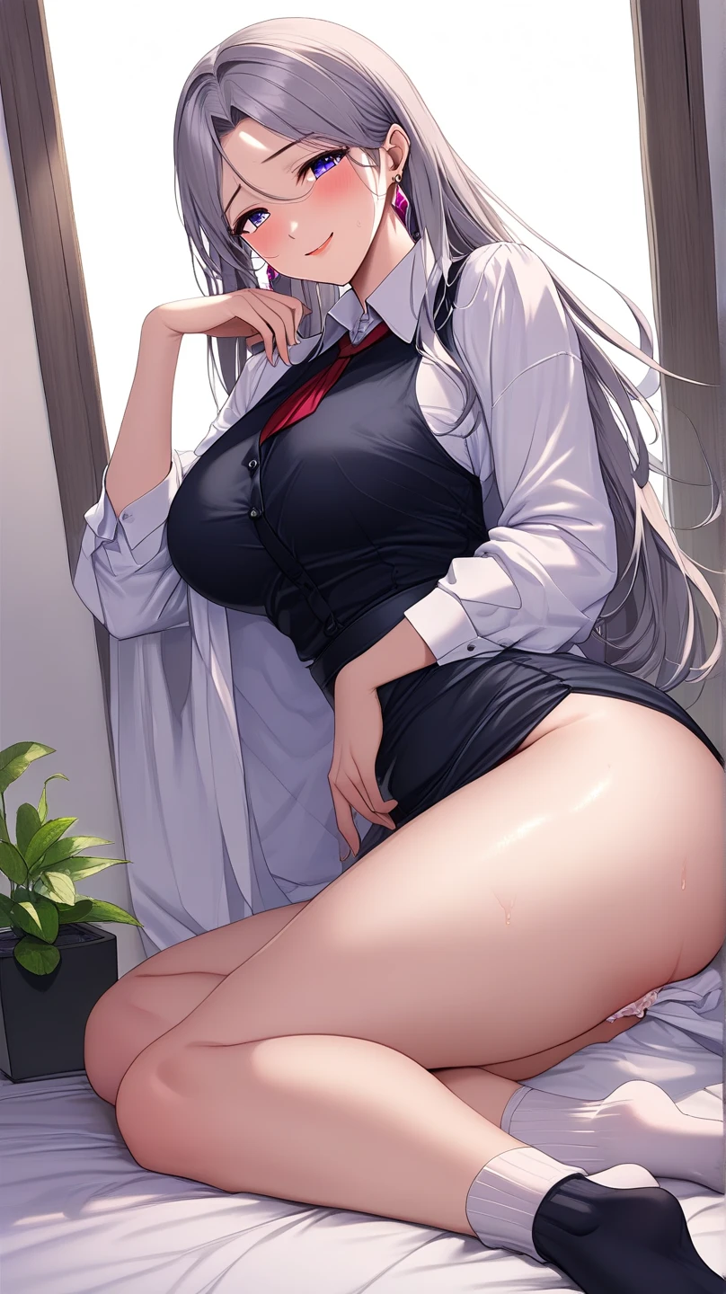 Masterpiece, Best quality (4K). Place: Japanese class in Tokyo, modern style, near the window, You can see cherry blossoms in the window.  without a skirt, practically naked, the only clothing is the completely unbuttoned upper part of the school uniform, that you can see the breasts, lies on the desk with his stomach in dog pose, look a little to the side and down, slightly rosy cheeks, Medium breasts, large hips, wide pelvis, shoulder length blond hair. There&#39;s a guy behind her, who fucks her from behind doggy style 
