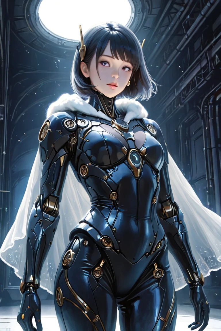 chrometech, metallic female cyborg wearing Time Traveler Bodysuit, Snow White Cloak with Iridescent Snowflakes: Iridescent snowflakes adorn the cape, glistening with a soft glow., (Ecru Ochre,Rondo of Blood color background:1.3),<lora:ChromeTech:1.2>