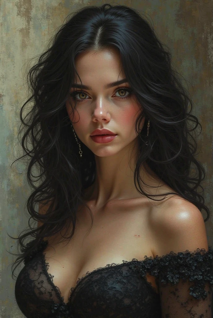 a woman with long black hair in the 19th century, with an expression of debauchery