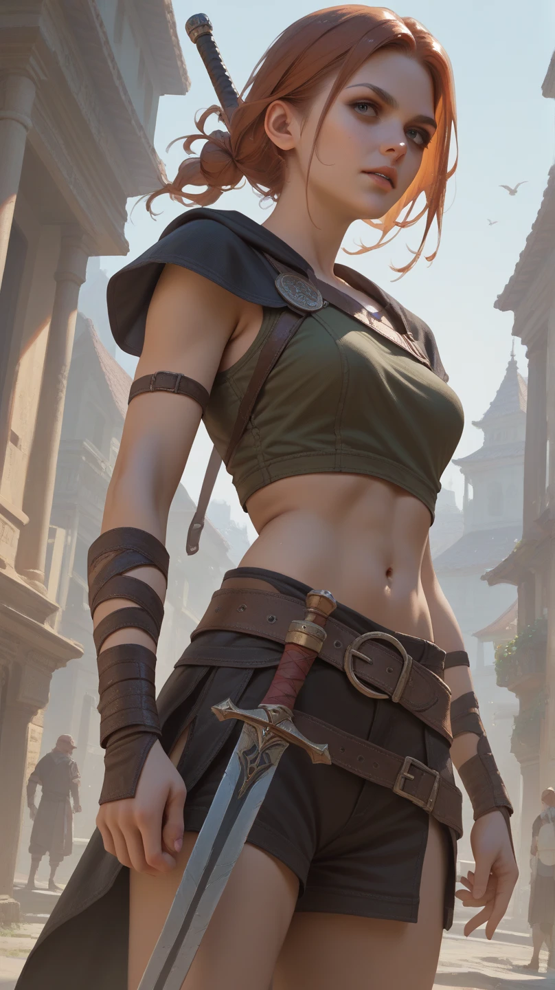 Solo, Kassandra (from assassin's creed oyssey, 1female, stron, toned abs, brown hair with side braids, brown eyes, light brown skin, Greek) running on a hill, sweat. ((masterpiece), best quality, ultra high resolution)