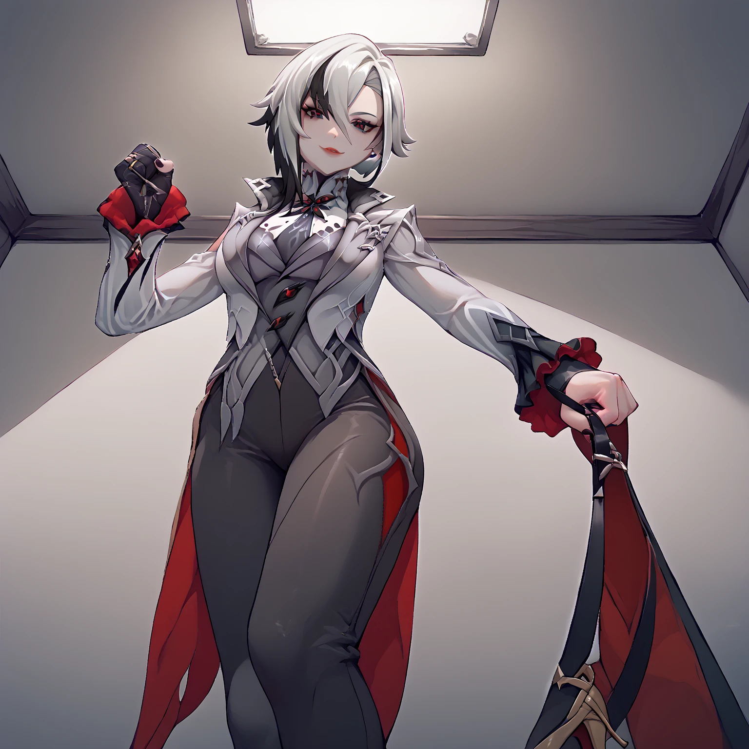 Fighting girl, epic, with particles, HD, 8k, white hair, with black cape, line marks on the face, serious face, closed mouth, casual pose, hands in Bruce Lee position, tactical pants, black hood, black lines under eyes, black polar diver, eyes with marked rings, detailed face, blood on the lips, full body,