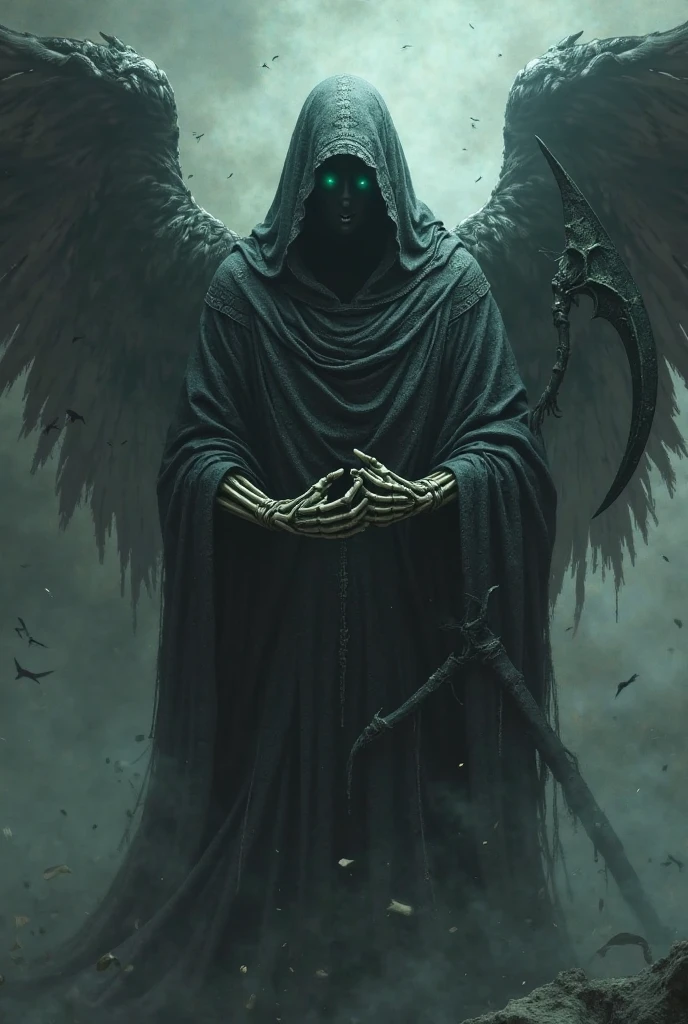 Death with aspect , dark and Machiavellian , holding the head of a decapitated angel