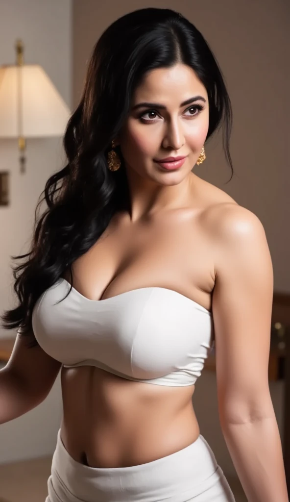 night scene, extreme close up photo of naked kiara from top view, hourglass figure, swooping breasts, deep cleavage, curvy, armpits, seductive eyes, look at viewer and subtle smile, lying on table with wide open spread legs in pantry, necklace, white strapless t-shirt, unzip jeans, red lips, sultry, ponytail, (cinematic:1.3), intricate details, (ArtStation:1.2)