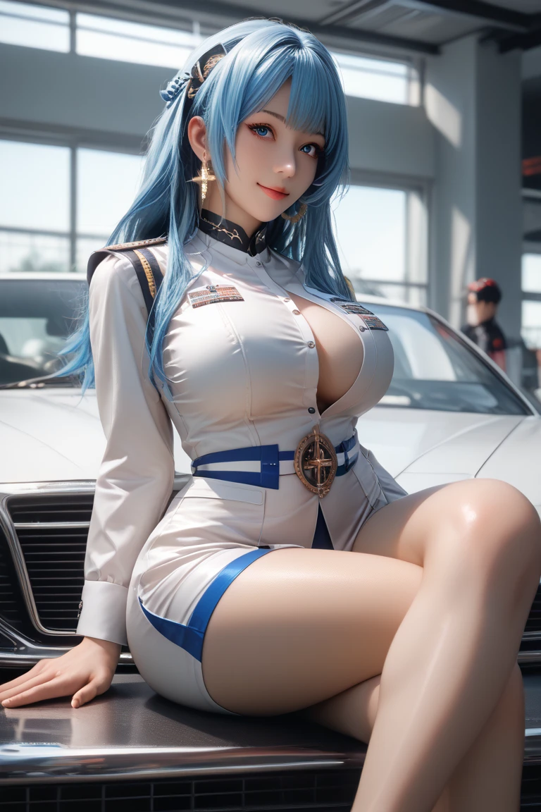 Masterpiece, best quality, reality, 1 girl, police uniform, slender thighs, F cup breasts, model figure, dress view, (PureErosFace_V1:0.6), pink hair