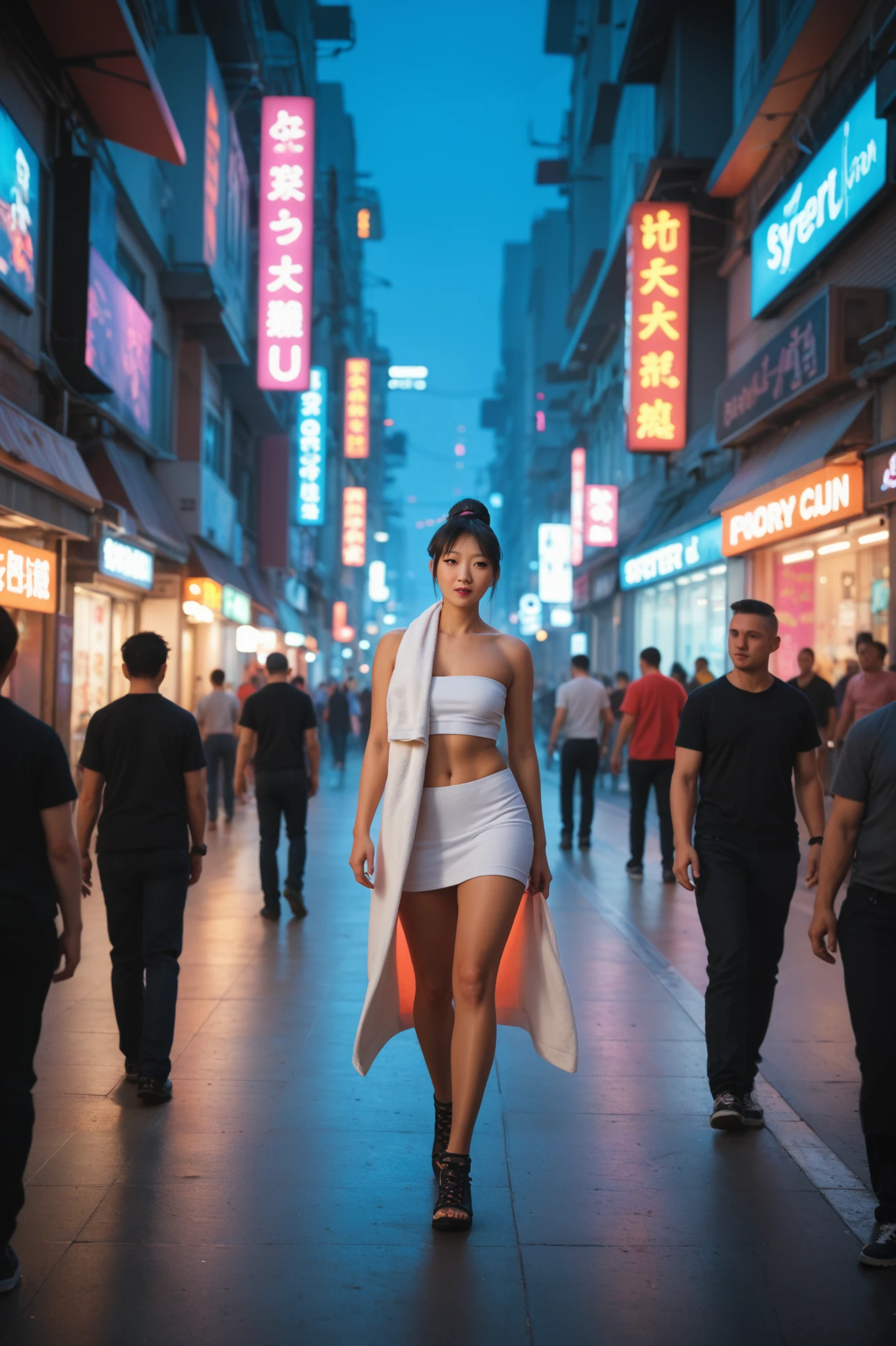 (Flat_chested, Nude sexy tanned Polynesian|Asian woman, slanted Asian eyes, hourglass figure, perfect eyeliner:1.2), (masterpiece:1.4, best quality), no breasts, unity 8k wallpaper, ultra detailed, (walking on crowded plaza street, blue hour, wearing nothing:1.3), alluring pose, upper body, narrow_waist, beautiful and aesthetic, detailed, solo