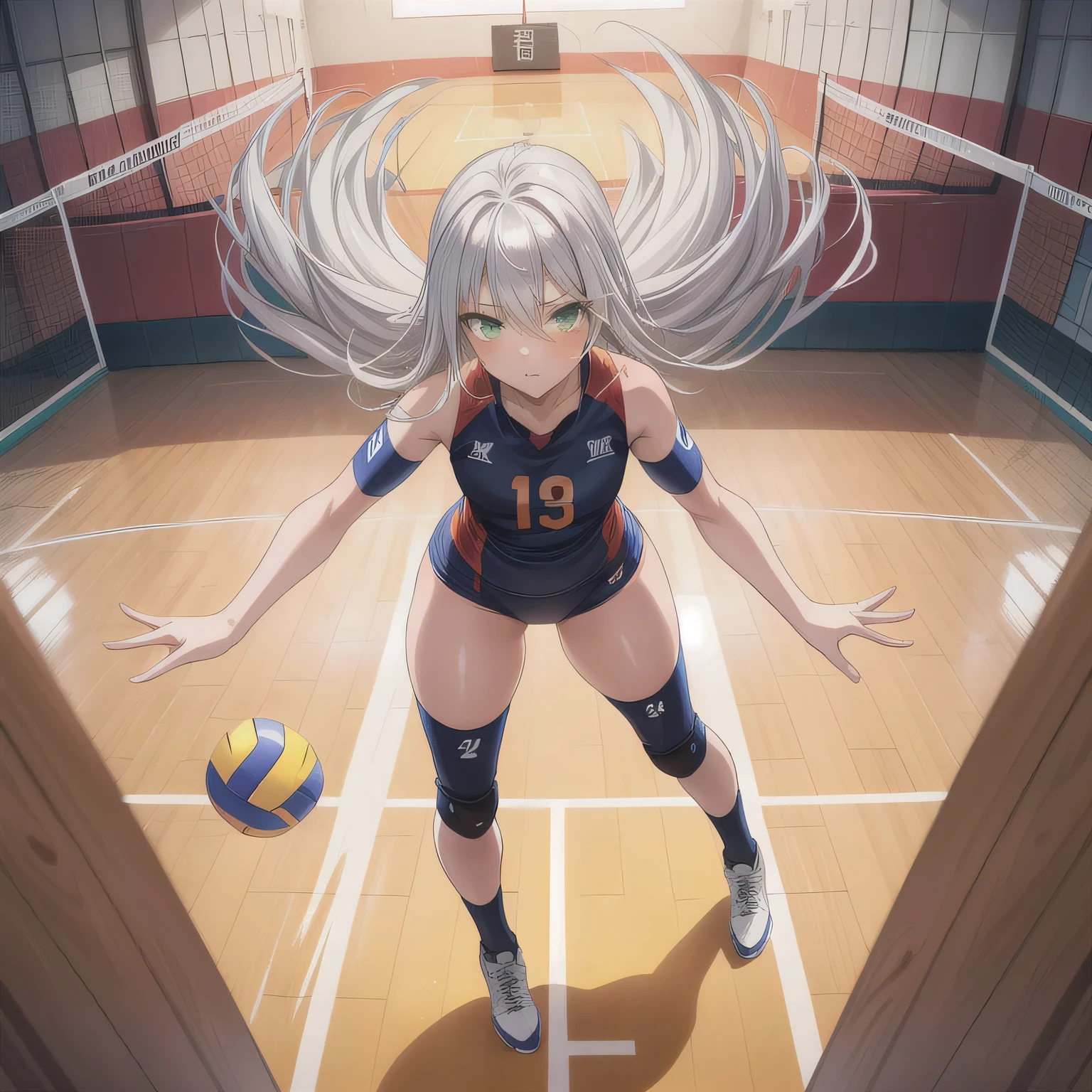A breathtakingly beautiful 20-year-old woman soars into the air on a volleyball court inside a brightly lit gymnasium, preparing to spike the ball with precision and power. Her athletic form is accentuated by a sleek, form-fitting uniform, and her intense gaze remains locked onto the target. The polished wooden floor reflects the motion, enhancing the dynamic energy of the moment as she displays her skill and determination. Silver hair, long hair, green eyes.
