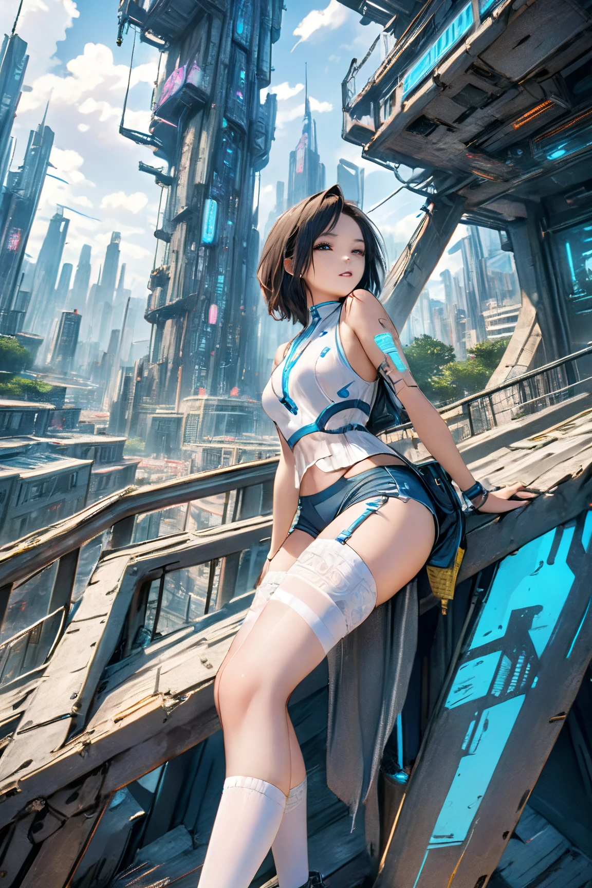1girl, ulzzang-6500-v0.7, (raw photo: 1.2), (((photorealistic: 1.4)) top quality masterpiece, illustration, very delicate and beautiful, highly detailed CG, unity, 8k wallpaper, amazing, fine details, masterpiece, official art, highly detailed CG Unity 8k wallpaper, absurd, incredibly absurd, cute, top quality, masterpiece, Ultra High Resolution, (Photorealistic: 1.4), Raw Photo, Futuristic Town Perspective, Futuristic Skyscrapers, 12 Years Old Girl Standing on a Futuristic Street Corner, Black Hair, Glossy Skin, 1 Cyborg Girl, (Ultra Realistic Details)), Portrait, Global Illumination, Shadows, Octane Rendering, 8K, Ultra Sharp, Big, cleavage exposed raw skin, metal, intricate ornamental details, headsets, hydraulic cylinders, very intricate details, realistic light, CGSoation trends, purple eyes, glowing eyes, facing the camera, neon details, mechanical limbs, blood vessels connected to tubes, mechanical vertebrae attached to the back, mechanical cervical attachment to the neck, sitting, wires and cables connecting to the head, Evangelion, cyberpunk, small LED lamps,