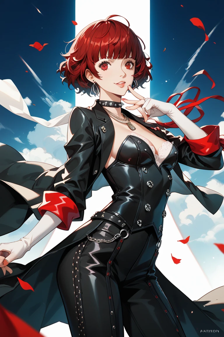 Mature beautiful woman,(Highest quality,Extremely detailed depiction,Incredibly absurd high resolution,Anatomically accurate depiction,Curvy Legs),(Glowing Skin,Shiny skin),(Royal suit,Butler-style outfit,Tight fit),eyelash,Flashy makeup,eye shadow,Glowing pink eyes,There is cleavage in the chest,Glossy red lipstick,Shadowed face,A seductive smile,whole body,Standing posture,Holding a glass tulip in her hand:1.5