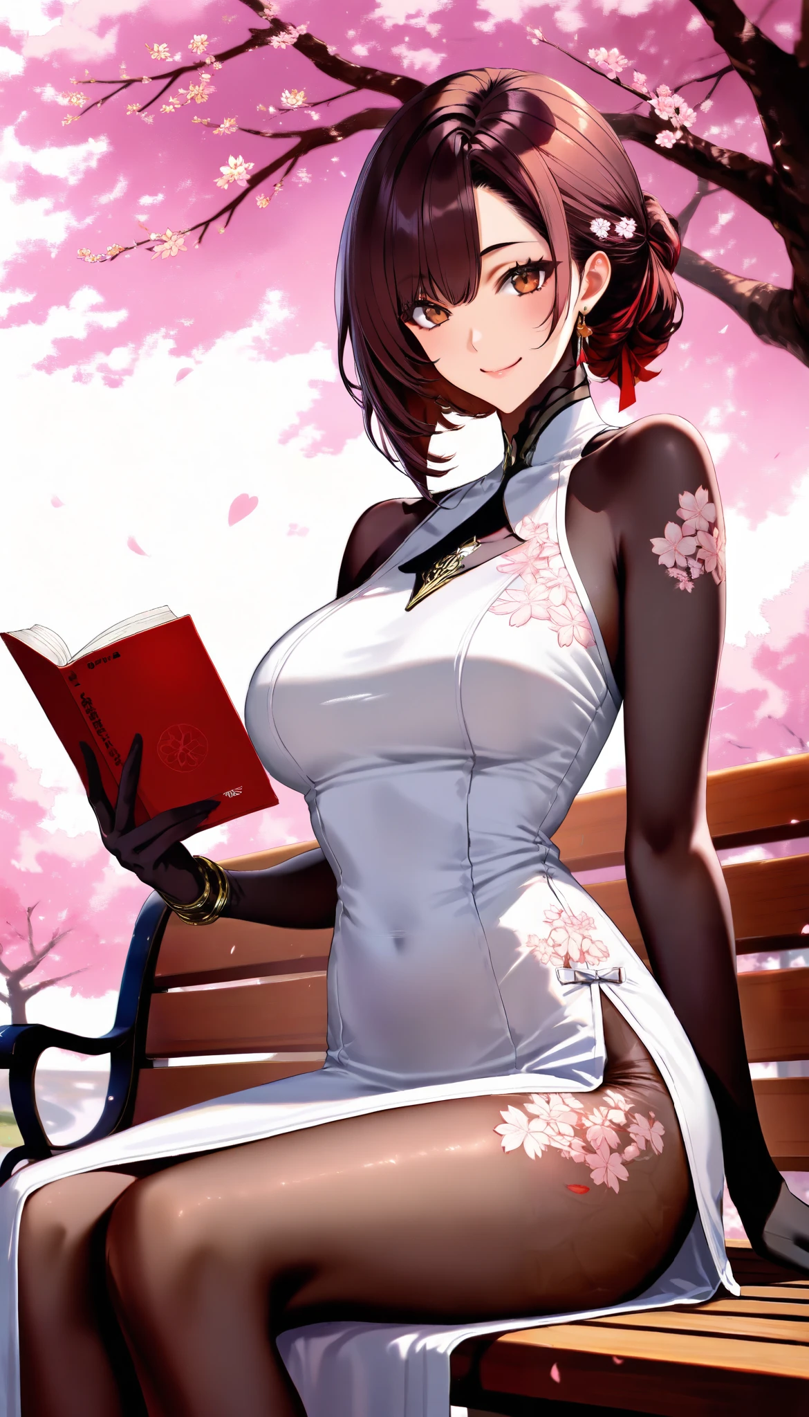 SOLO, A Female,perfect body, black long hait, brown eyes,smile, Wearing a white sleeveless dress(High slit),black pantyhose, In a park full of cherry blossom trees, Sitting on a bench, Reading a book UHD, masterpiece, anatomically correct, textured skin, super detail, best quality, highres, 16k, 1080P