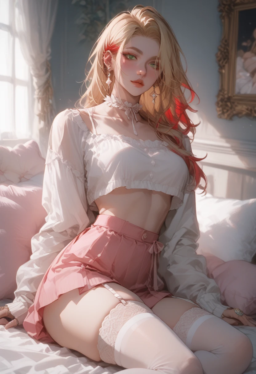 (Girl standing on the balcony of an old castle), Necklace, earrings, Full-body V6, Long gray hair, Translucent clothes,, breasts of medium size,, Ultra high definition, Unripe, Realism 1.25), (Bright lip gloss, long eyelashes, Smooth) Face, Light Bright, natural shadows, Wide light, Wide light, depth of fields, strong colors, Subtle caustics: 0.8), Smile, (Big), V6, City view from the window々You can see the building (absurdity, High resolution, Super Detail), Smile, (Big), V6 ((Adrian Honig))) Girl with blonde hair and blue eyes, Beautiful, Thin ((White sheer blouse, Black silk underwear, Underwear bite, Lower body slender, Back Figure, Window side of the line of sight, butt sticks out, , (( ( Pink light blouse, Black Mini Flared Skirt)),(Old European castles are hazy in the background),((White lace panties))((Eyes closed))Eyes closed、