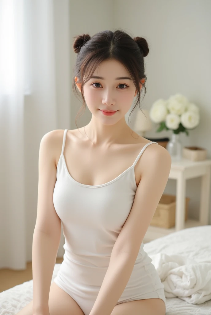 ((Best of the highest quality, 8k, Masterpiece: 1.3, raw photo)), Sharp focus: 1.2, (1 AESPA, slim body type female, 21 y/o: 1.1), (Solo: 1.2), (realistic, photo-realistic:1.37), face focus, cute face, finely eyes, (small breasts, flat chest, Thigh: 1.3), (short messy hair, updo: 1.28), (neat camisole, panties: 1.32), cafe, bar, flower