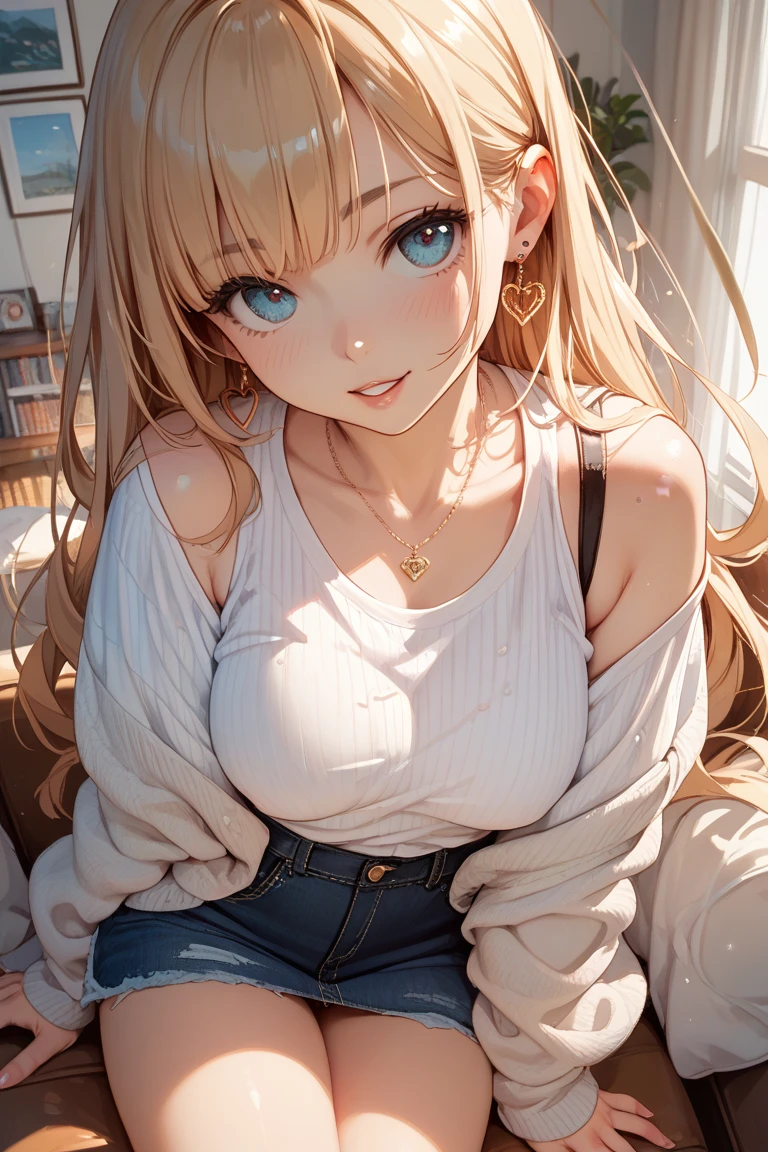 Top quality, high resolution, perfect human structure, background focus, front view, blonde, bob, shiny hair, cat ears, smiling heart-shaped eyes, blunt bangs, wavy hair, morning sun, living room, shiny hair, happy smile, sitting, gradient eyes, t-shirt, jeans