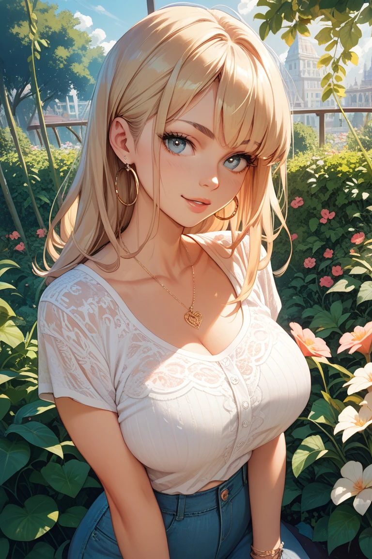 One person,In the flower field,White flower,View your viewers,blue eyes,Blonde,Daisy,Long Hair,Young face,Big eyes,(Drooping eyes)Blue Eyes,camisole,Very large udder,Wide open chest,Cleavage,