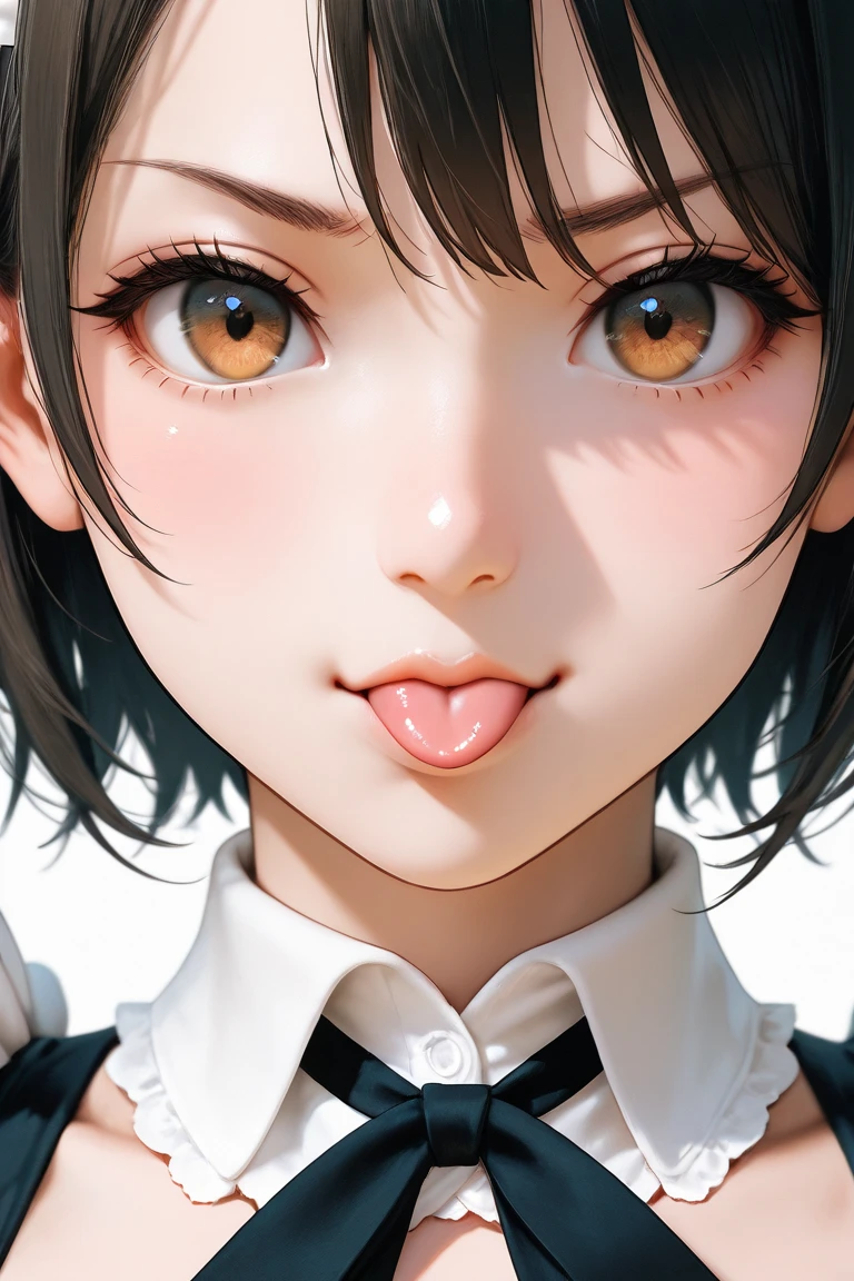 (masterpiece), ((最high quality)), (masterpiece,最high quality,Official Art,Highly detailed CG Unity 8k wallpaper)、Beautiful Japanese Women、Face drawn in detail、Smooth Skin、(Short black hair:1.5)、Calm expression、high quality、Realistic、((Hollow Eyes:1.3))、A seductive smile、(Open your mouth and stick out your tongue:1.3)、(Looking up at the viewer:1.4)、((Place one hand over your mouth))、Big Breasts