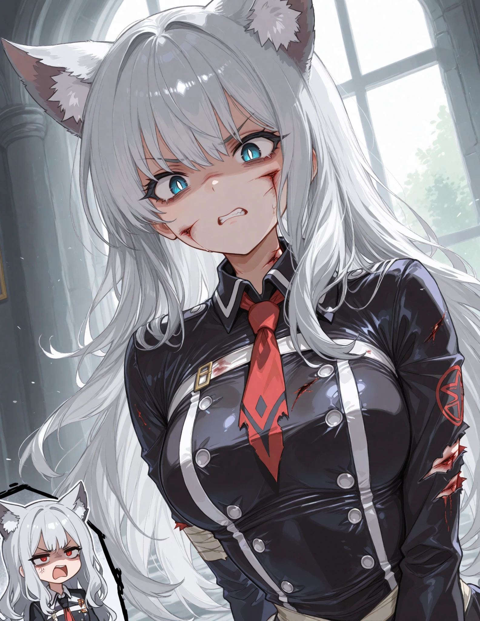 Cat Girl,was hairy,shaggy,Skin fur,White fur,Forelimb hands,hair splayed out,White ears,White face fur ,Blue eyes,Super cute face,Empty eyes,Crazy smile, Fangs,Hand-held military sword,White dress,Ambient light,Ultra-fine fur,volumettic light,White hair, hair splayed out, Shiny hair,Long hair, dashed eyes, bangs, light and darkcontrast, ultra high def, 巨作, Super detail,Castle background,Night,starry light,blood, blood_On_clothes, blood_On_Hands, blood_On_arma, blood_Flying splashes, blood_stain