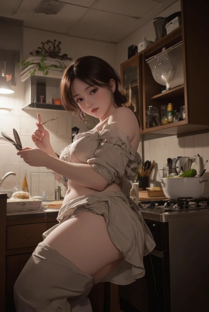 Woman who cooks、(kitchin_aprons:1.Wear 3)、pretty hand、4K、A high resolution、tmasterpiece、People of the highest quality、wear cap:1.3、((Hasselblad photograp))、Thin skin、foco nítido、(lighting like a movie)、Soft lighting、Ungle dinámico、[:(Detal Face:1.2):0.2]、Bigchest、A lot of moisture spills from the skin:1.2、(((In a kitchen))) adorable smile　Viewer's POV　Colossal tits　tying  hair　Sleeveless　Stretch your upper arms　Shoulder extension　Cleaning　big kitchen　Beautiful kitchen　wineglass　posterior view　Behind　lomo　Lift and tie your hair, confront , Her face, white liquid on your face