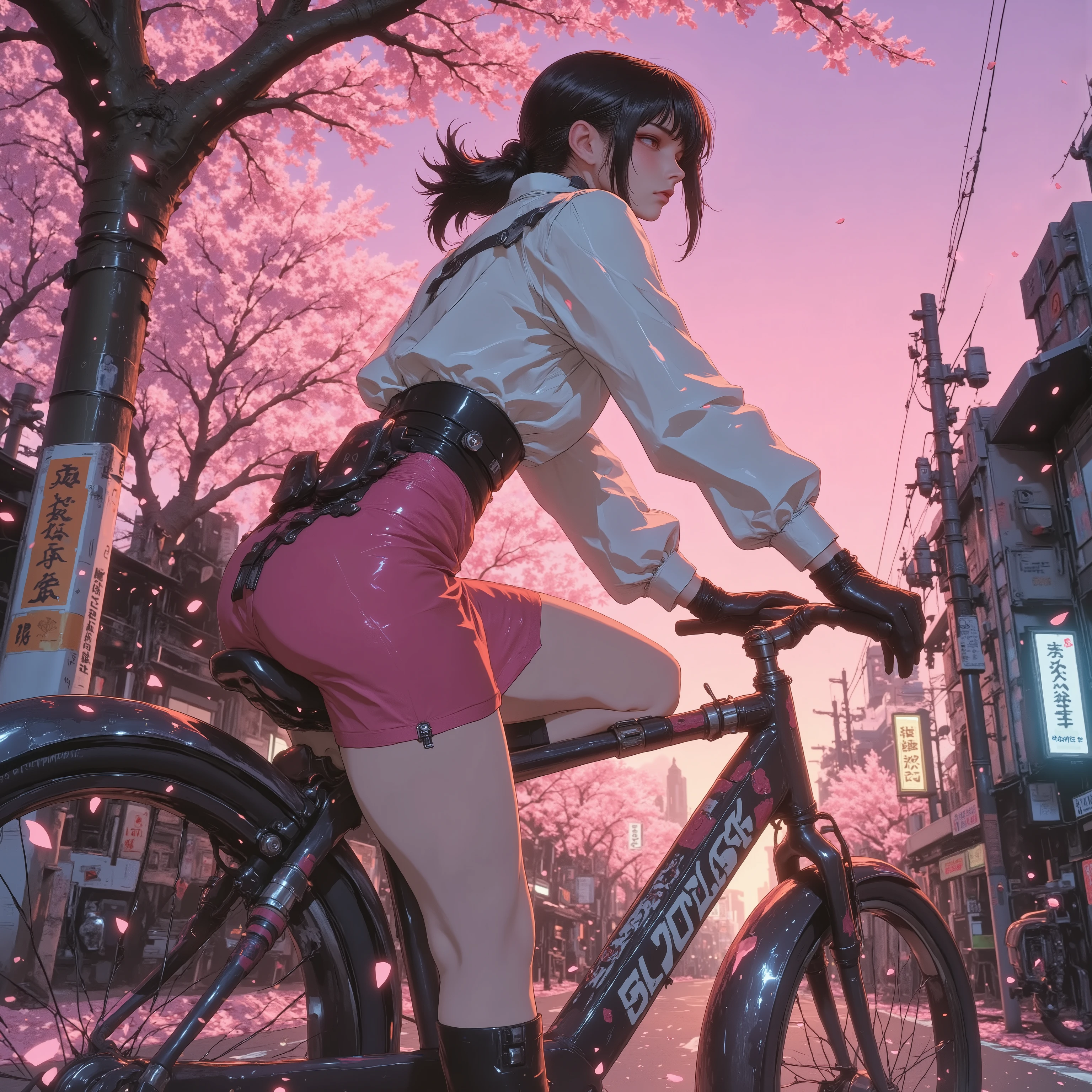 1girl,"from side ,side ,view .from below , low angle,Futuristic bicycle. Focus on Bicycles,. Skirts.hand.Clavicle.. Sleeveless, gloves.A stylish adult woman traveler in a futuristic spring setting, cycling down a cherry blossom-lined road. The scene is cinematic and soft-lit, with cherry petals floating in the wind. She wears a Sleeveless shirt , her bike a sleek futuristic design. The camera angle is low, capturing the glowing sunset behind her. The atmosphere is peaceful, nostalgic, and full of quiet freedom — like a road trip during spring break in a near-future world. Wide-angle lens, shallow depth of field, soft pastel tones, Studio Ghibli meets sci-fi aesthetics,ponytail.