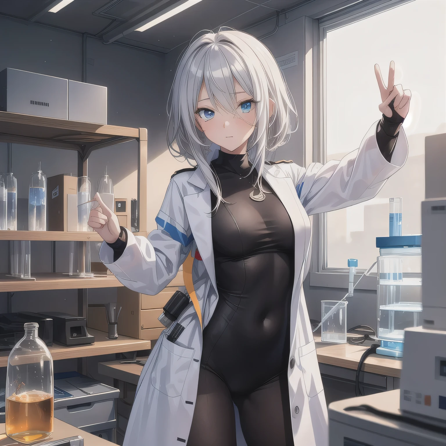 Depict a 20-year-old, stunningly beautiful woman conducting an experiment in a well-equipped science lab. She wears a pristine white lab coat over professional attire, her expression focused as she carefully handles scientific instruments. Whether her hair is long and neatly tied back or short and styled, she maintains a meticulous appearance suited for the lab environment. The background features shelves filled with scientific equipment, adding to the immersive atmosphere of the setting.
