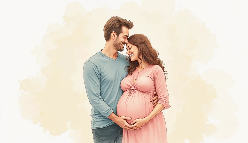 The pregnant woman stands next to a man in a white shirt, Pregnant belly, be pregnant, pregnant, maternity feeling, The man grabbed the woman's waist, fertility, femme fetal, Third trimester, maternal, regular sized, illustration!, Beginner, membrane pregnancy sac, Reality », advertisement picture, istock, visible abdomen, promo image, accurate and detailed