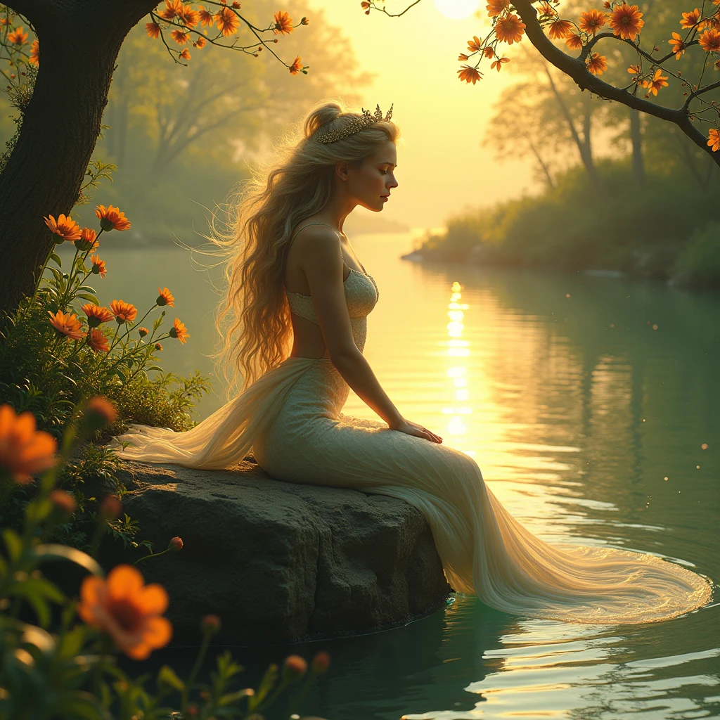 7 mermaid girls, serene expression, mesmerizing eyes, long straight hair, Very small breasts, no dress, nude, Balanced posture, Porcelain Skin, subtle blush, golden hour BREAK crystal pendant, (rim lighting): 1.2, Warm tones , sun at dawn, shadowless, vibrant colors, pictorial effect, dreamy atmosphere BREAK scenic lake, green mountains nearby, willow, calm water, reflection, sunlit clouds, tranquil environment, ultra detailed, Official Art, wallpaper unity 8k, Zentangle, mandala --auto --s2