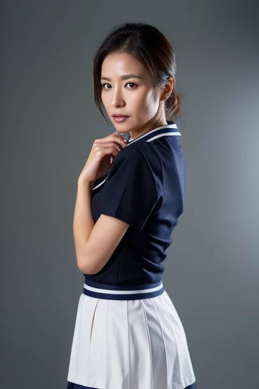 1girl, sailor uniform, short-sleeved shirt, blouse, skeleton uniform, Korean cosmetics, bra, embarrassed face, shy face, red tie ribbon, boyish face, touching face with hands, very short hair, socks, necklace, piercing, belly button exposed, beautiful legs, knee-high boots, dark skin, gyaru, high quality, best quality, 4k, 8k, highres, masterpiece:1.2, ultra-detailed, realistic, photorealistic:1.37, HDR, UHD, studio lighting, ultra-fine painting, sharp focus, physically-based rendering, extreme detail description, professional, vivid colors, bokeh