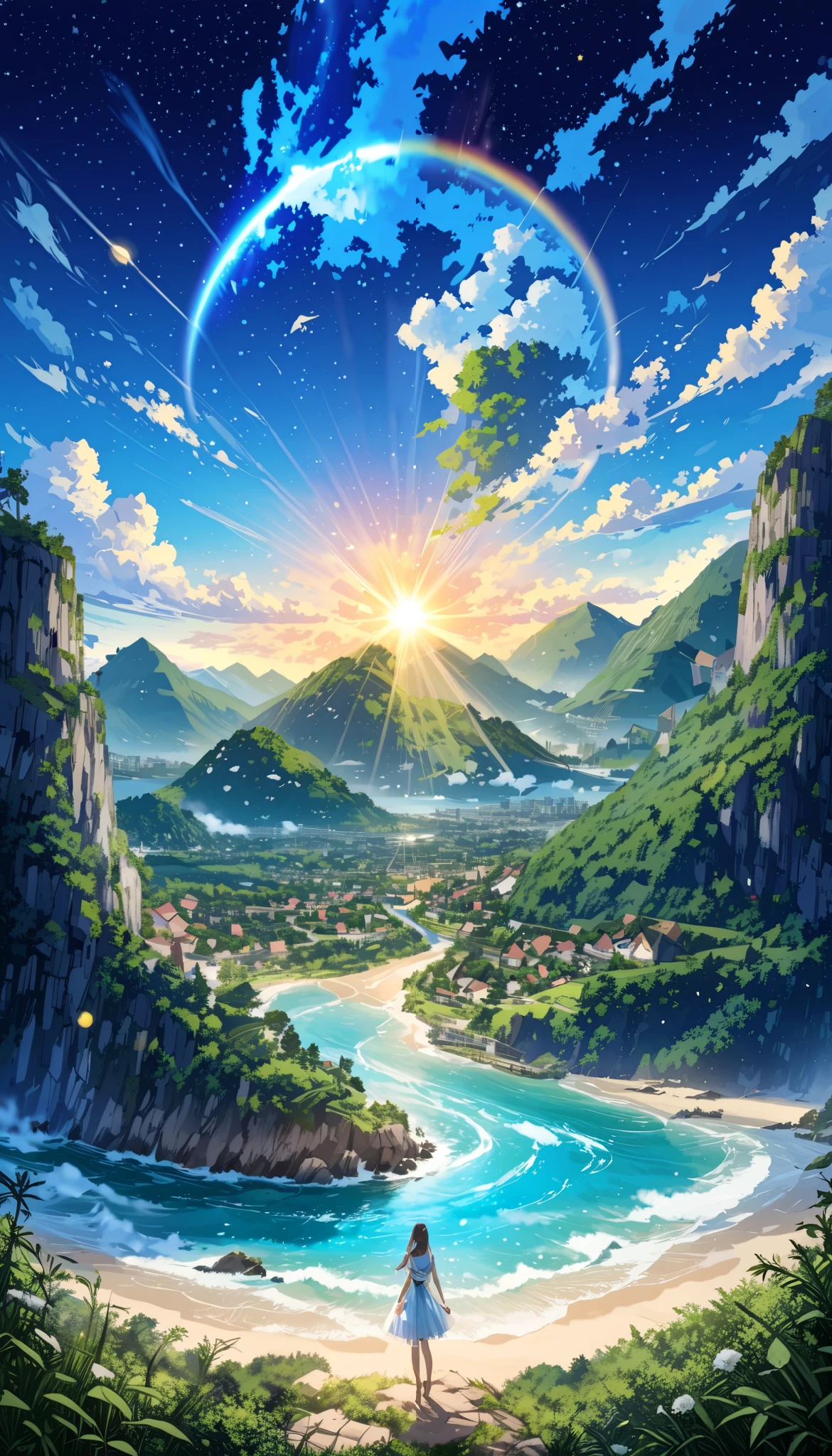 ( panorama, center, masterpiece, best quality: 1.2), (8k、RAW photo、best quality、looks up:1.2、masterpiece:1.2、Genuineistic、 super high resolution 、high contrast、photon mapping、Genuine、very well detailed、official art, RAW photo、professional lighting、 light、Vivid atmosphere、twicelight) , (1 girl), (1 white kitten), The girl and kitten standing on the edge of the cliff 、I see you looking towards the future。You can see the ocean at the end of the cliff 、Mirage of the Future City Ancient City。 captivating natural beauty , Shining Star Fragment , Exciting Atmosphere of Adventure。 An atmosphere that makes you feel happy and fun 。High Fantasy World View, Beautiful depiction of spectacular composition and proportions , Guardian Nebula with rainbow light and silver steam , ray family Color , Slimy air,