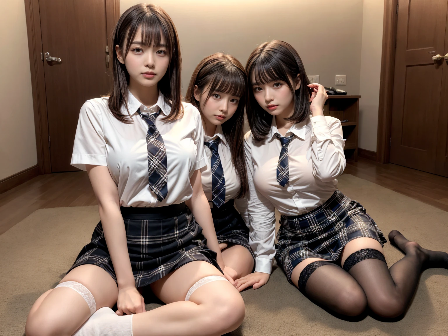 masterpiece, best quality, illustration, Super detailed, fine details, High resolution, 8K,wall paper, perfect dynamic composition,(Details High quality, realistic depiction of eyes:1.3), (3 girls), (collared shirt:1.1), pleated skirt, knee high socks, sitting, open legs, short bob hair, in a hotel room in the background, deep on field, large breasts, black hair color, Big Natural Color Lip, (perfect body shape), crying a little、Harajuku style、20 year old girl、cute type、beautiful legs, Gravure Idol